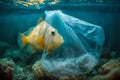 Plastic pollution in ocean. The fish got tangled in a plastic bag. Environmental problem. Generative AI