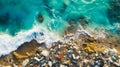 Plastic pollution in the ocean. Garbage on the beach, view from above, taken with a drone. AI-generated image