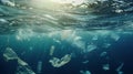 Plastic pollution of the ocean. Plastic bags and garbage floating in shallow water and cover the ocean floor Royalty Free Stock Photo