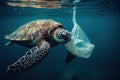 Plastic Pollution In Ocean - Turtle Eat Plastic Bag - Environmental Problem. Generative AI Royalty Free Stock Photo