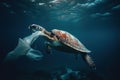 Plastic Pollution In Ocean - Turtle Eat Plastic Bag - Environmental Problem. Generative AI Royalty Free Stock Photo