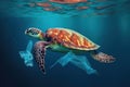 Plastic Pollution In Ocean - Turtle Eat Plastic Bag - Environmental Problem. Generative AI Royalty Free Stock Photo