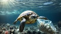 Plastic Pollution In Ocean - Turtle Eat Plastic Bag - Environmental Problem Royalty Free Stock Photo