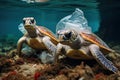 Plastic Pollution in Ocean Turtles Swimming with Plastic Bag Environmental Problem and Urgent Call Save Marine Life Generative AI