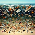 Plastic pollution trash underwater sea with different kinds of garbage - plastic bottles, bags, wastes floating in water Royalty Free Stock Photo