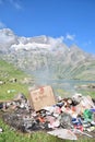 Plastic,polythene pollution in the himalaya's with river and dramatic glacier in the background.photo about pollution.