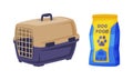 Plastic portable cage for pet animals and dog food packaging. Supplies for domestic animals set cartoon vector Royalty Free Stock Photo