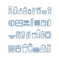 Plastic product package, disposable tableware, food containers, cups and plates line vector icons