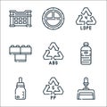 plastic products line icons. linear set. quality vector line set such as dust pan, recycle, baby bottle, water bottle, recycle,