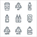 Plastic products line icons. linear set. quality vector line set such as detergent, recycle, recycle, mayonnaise, ketchup, dish,