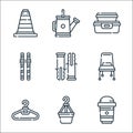 plastic products line icons. linear set. quality vector line set such as take away, plant pot, clothes hanger, chair, wall plug,