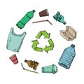 Plastic products recycling. Hand drawn doodle plastic pollution icons set. Vector illustration sketchy symbols Royalty Free Stock Photo