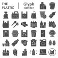 Plastic products solid icon set. Zero waste collection, vector sketches, logo illustrations, web symbols, glyph style Royalty Free Stock Photo