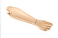 plastic prosthesis hand isolated on a white background. prosthetics arm, antique vintage body-powered upper limb