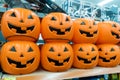 Plastic pumpkins buckets for sale in a store shelf