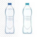 Plastic realistic vector bottles with water and blue cap on transparent background. Realistic bottle mockup. Royalty Free Stock Photo