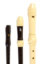 Plastic recorder flute set. Sopranino, soprano and alto flutes Royalty Free Stock Photo