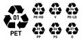 Mobius strip plastic recycling code symbol icon PET, PE-HD, V, PE-LD, PP, PS, O, 01-07 icon set.