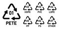 Collection of plastic recycling code symbol icon PETE, HDPE, PVC, LDPE, PP, PS, OTHER. Royalty Free Stock Photo