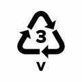 Plastic recycling code applied to packaging (PVC, V).