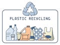 Plastic recycling illustration with trash and lettering