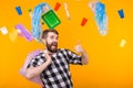 Plastic recycling problem, ecology and environmental disaster concept - Funny man carries garbage for recycling and Royalty Free Stock Photo