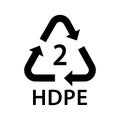 plastic recycling symbol HDPE 2, plastic recycling code HDPE 2, high-density polyethylene, black fill vector icon Royalty Free Stock Photo