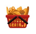 Plastic red basket supermarket with bread, roll, croissant and storage container. Vector grocery basket realistic illustration