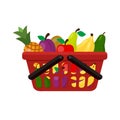 Plastic red basket supermarket with fruit and storage container. Vector grocery basket realistic illustration isolated on white