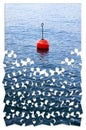 Plastic red bouy on a calm lake - concept image in jigsaw puzzle shape