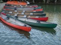 Plastic, red and green kayaks