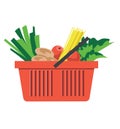 Plastic red shopping basket with grocery products, fresh fruit and vegetables, healthy organic food, isolated on white Royalty Free Stock Photo