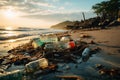 Plastic remnants scatter beach, underscoring environmental harm caused by beach pollution Royalty Free Stock Photo