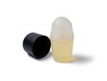 plastic roll on a bottle of antiperspirant deodorant with a black cap on a white background. Screw cap matt roller ball. Blank