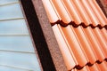 Plastic roof of a wooden house. Exhibition of Building Technologies. Close-up Royalty Free Stock Photo