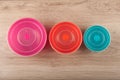 Plastic round lunch boxes on table Royalty Free Stock Photo