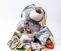 Plastic rubbish growing over teddy