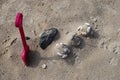 Plastic sandbox toys on the sand. kids toys on tropical sand beach Royalty Free Stock Photo