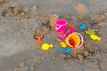 Plastic sandbox toys on the sand. kids toys on tropical sand beach. Plastic shovel and sea animal mold toys on sand. Favorite toys