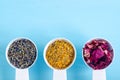 Plastic scoops with various healing herbs - dry marigold, lavender and dog rose flowers. Aromatherapy, herbal medicine and natural Royalty Free Stock Photo