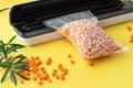 Plastic sealing machine. Vacuum packing of fresh sea buckthorn berries. Long-term storage of products