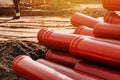 Plastic sewer pipes on construction site for repairing Royalty Free Stock Photo