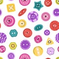 Plastic sewing buttons seamless pattern. Button fashion textile print design, pins for clothes and pants. Trendy