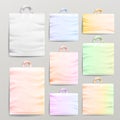 Plastic Shopping Realistic Bags Set With Handles. Colorful Empty Reusable Close Up Mock Up. Vector Illustration