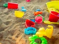 Plastic shovel and bucket, sea animal mold toys. Favorite toys for kids activity on sand Royalty Free Stock Photo