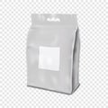 Plastic side gusseted bag with euro slot and white empty label sticker realistic vector mock-up. Blank package with hanging hole Royalty Free Stock Photo