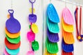 Plastic sledges and shovels in toy store