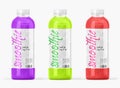 Plastic smoothie bottles with label designs. Realistic set of transparent containers with fruit or vegetable drinks