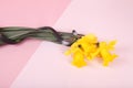 a plastic snake wrapped around a bouquet of daffodils