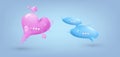 Plastic speech bubble. 3d vector icon message dialog button with pink heart and blue bubble. Realistic design elements.
